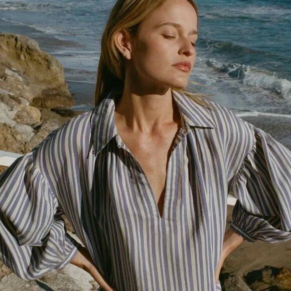 Doen  Marne Blue Villandry Striped Khadi Silk Voile Short Mini Dress Medium - Picture 9 of 12